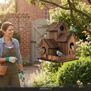 May include: A multi-level wooden birdhouse with a dark brown finish, featuring three distinct roof sections and circular entry holes. Four small birds are perched on or near the structure, which is suspended by a rope from a tree branch.