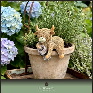 May include: A tan, textured Highland cow figurine with horns, holding a small clear glass containing a dark red liquid, perched on the rim of a weathered, light brown terracotta plant pot filled with green rosemary and other foliage.
