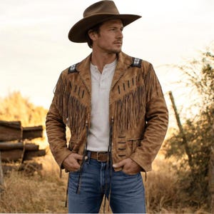 Chaqueta de cuero marrón con flecos para hombre / Chaqueta de ante estilo western / Abrigo vaquero con flecos / Chaqueta de cuero hecha a mano / Chaqueta western bordada