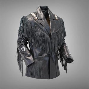 Chaqueta vaquera negra de cuero con flecos para hombre / Abrigo vaquero trenzado con cuentas de estilo nativo americano / Chaqueta con borlas y parches tribales / Estilo motero rodeo