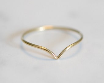Gold filled chevron ring, 14k minimalist wishbone stacker