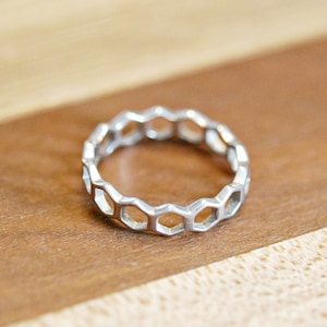 Sterling Silver Hexagon Ring, Geometric Band Ring, Honeycomb Ring ...