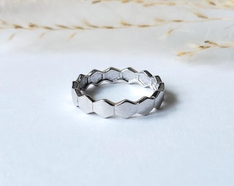 Sterling silver hexagon ring, geometric honeycomb band