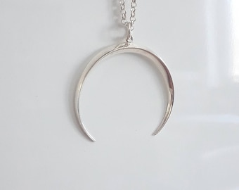 Sterling silver crescent moon necklace, celestial horn pendant