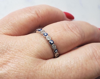 Sterling silver evil eye ring, cubic zirconia, blue eye, protection jewelry