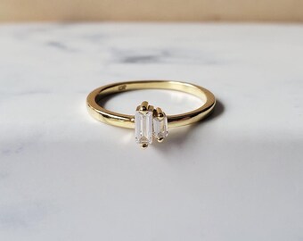 Cubic zirconia double baguette ring, gold vermeil band