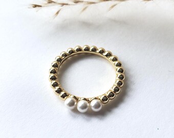 Gold triple pearl ring, beaded sterling silver band, June birthstone