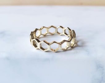 Gold hexagon ring, geometric band, sterling silver honeycomb
