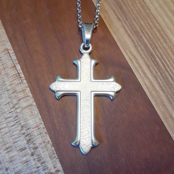 Silver cross necklace, 925 sterling silver french cross pendant, large cross, confirmation gift, womens cross, mens cross, christian jewelry