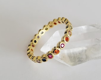 Rainbow ring, 14K gold vermeil, multicolor cubic zirconia pride band