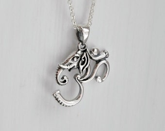 Sterling silver om necklace, ganesha pendant, indian elephant necklace, ganesh charm, ohm sign, namaste necklace, yoga jewelry, hindu amulet