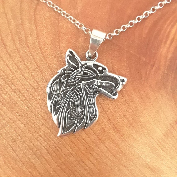 Sterling silver celtic wolf head necklace