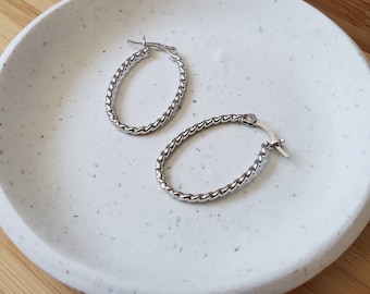 Textured sterling silver hoop earrings, lightweight oval hoops
