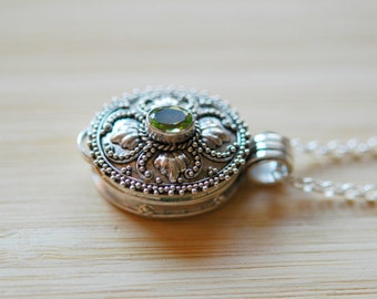 Sterling silver prayer box necklace, cremation necklace, oval gemstone locket, medication locket, silver locket, poison necklace, birthstone