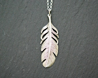 Sterling silver feather necklace, large feather pendant, layering necklace, bohemian jewelry, boho necklace for women, gift for her