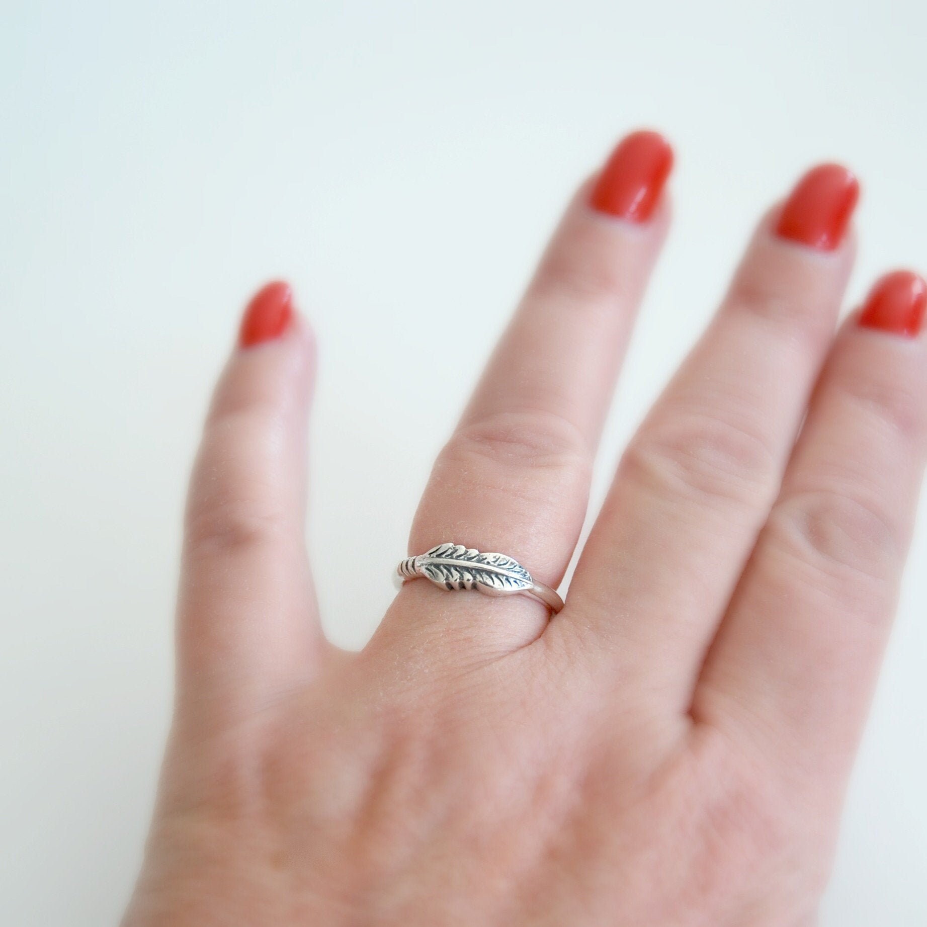 Silver feather ring, sterling silver stacking rings for women, bohemian