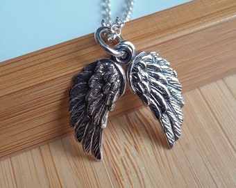 Sterling silver angel wings pendant, guardian angel necklace, memorial necklace, crossed wings, double wings, remembrance, loss, sympathy