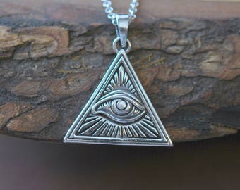 Sterling silver evil eye necklace, all seeing eye pendant, eye of horus, eye of providence, third eye necklace, illuminati pendant, talisman