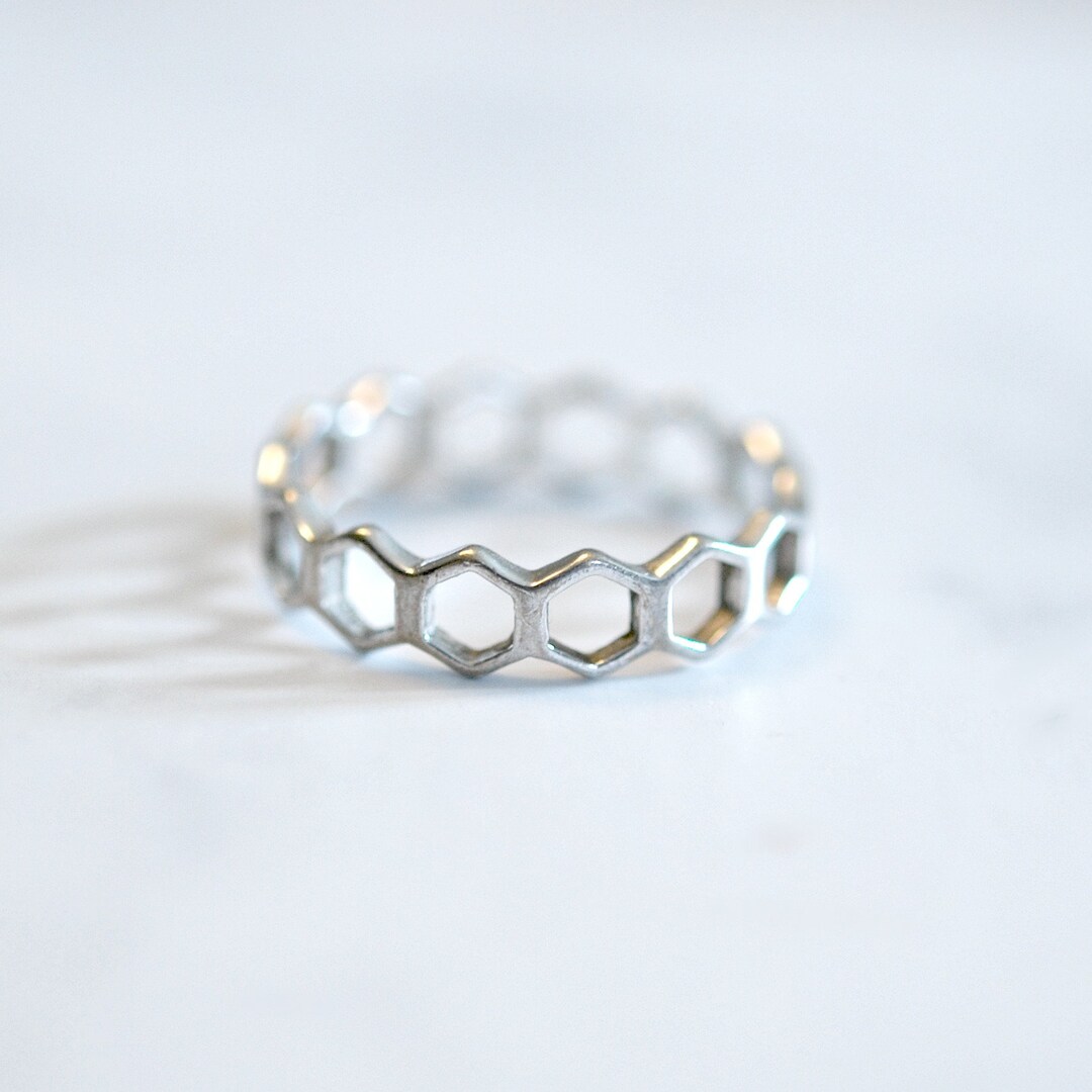 Sterling Silver Hexagon Ring, Geometric Band Ring, Ring