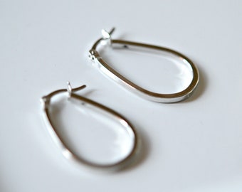 Sterling silver hoop earrings, oval, horseshoe, modern simple jewelry, latch closure