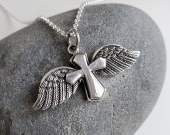 Sterling silver winged cross necklace, silver cross pendant, cross with wings, religious freedom, memorial jewelry, condolences gift