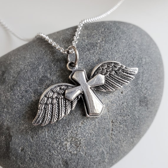 Sterling silver winged cross necklace