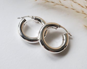Chunky sterling silver hoops, thick silver huggies