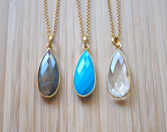 Gemstone teardrop pendant, gold necklace, turquoise, labradorite, crystal quartz, long necklace, luxe jewelry, gifts for her, boho necklace