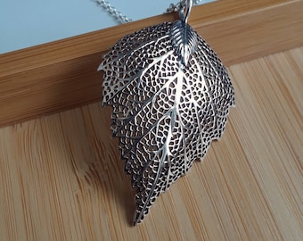 Large sterling silver leaf pendant necklace, bohemian jewelry
