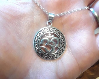 Sterling silver om necklace, ohm pendant, yoga jewelry, namaste necklace, silver ohm medallion, yoga gift for him, zen pendant, meditation