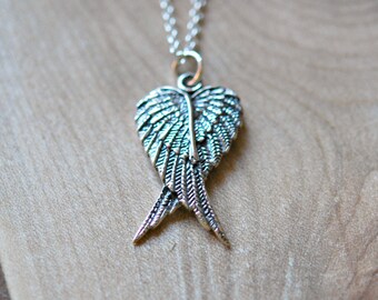 Angel wings pendant, sterling silver guardian angel wings necklace, memorial necklace, crossed wings, double wings, remembrance jewelry