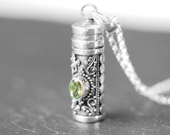 Sterling silver prayer tube necklace, gemstone pendant, prayer box, cremation jewelry, birthstone