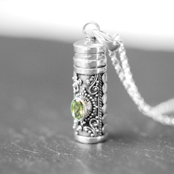 Sterling silver prayer tube necklace with gemstone