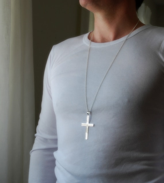 Extra large sterling silver cross pendant necklace