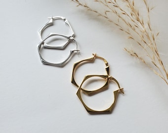Sterling silver hexagon hoop earrings, gold geometric jewelry