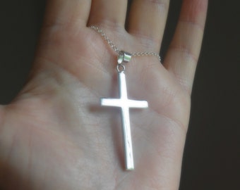 Large sterling silver cross pendant necklace, minimalist traditional religious jewelry