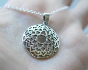 Sterling silver flower of life necklace, sacred geometry mandala pendant, yoga jewelry