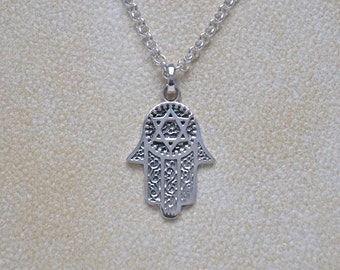 Sterling silver hamsa necklace, silver hand of fatima, hamsa hand pendant, star of david, protection necklace, talisman jewelry amulet charm