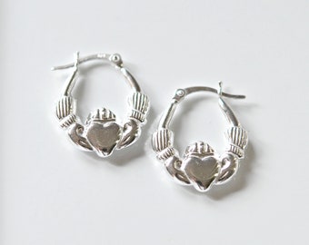 Boucles d'oreilles claddagh en argent sterling, bijoux irlandais, cerceaux celtiques, amitié amour fidélité