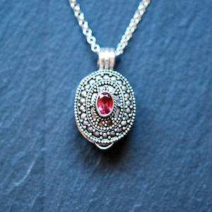 Sterling silver prayer box necklace, oval gemstone locket, cremation jewelry
