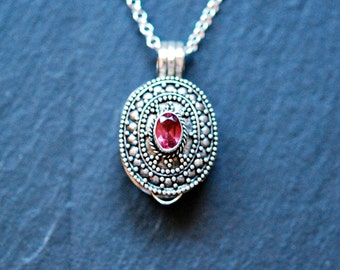 Sterling silver prayer box necklace, oval gemstone locket, cremation jewelry