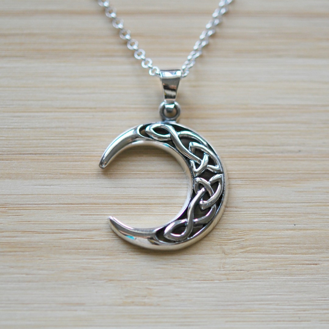Sterling Silver Celtic Moon Pendant Necklace, Irish Knot Crescent Charm ...