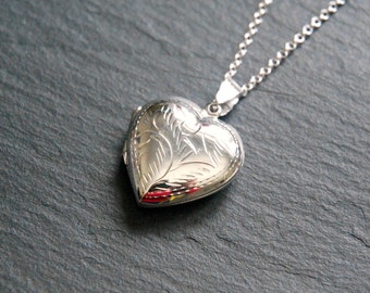 Sterling silver heart locket necklace, engraved heart pendant, add photo, personalized jewelry