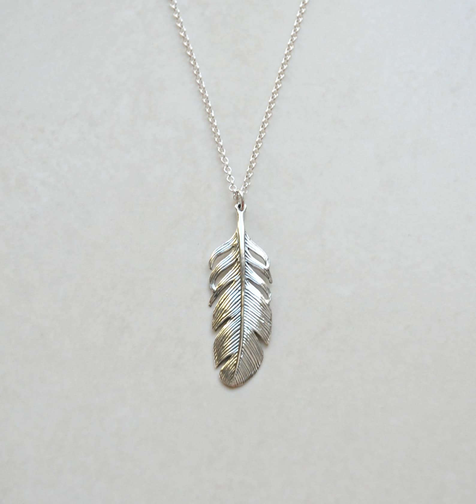Sterling Silver Feather Necklace Large Feather Pendant Etsy