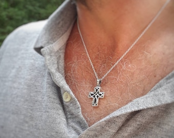 Silver cross necklace, 925 sterling silver cross pendant, thick cross charm, mens cross, gift for him, celtic cross, classic jewelry