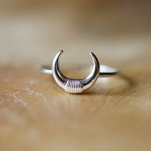 May include: A silver crescent moon ring with a textured band.