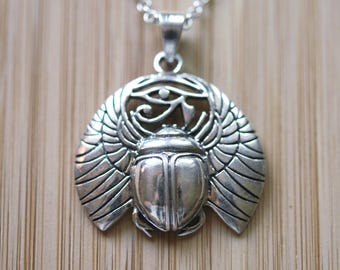 Sterling Silver Eye of Horus Scarab Necklace: Egyptian Protection Amulet