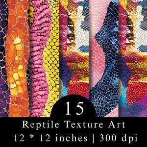Puede incluir: Una colección digital de 15 patrones de textura de reptil con escamas vibrantes en naranja, rosa, amarillo, azul y morado. La imagen incluye el texto 15 Reptile Texture Art 12 * 12 inches | 300 dpi, mostrando varios diseños de piel de serpiente y lagarto.