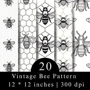 May include: A digital collection of 20 bee patterns featuring black and white illustrations of bees, honeycombs, and geometric shapes. The text reads 20 Vintage Bee Pattern 12 * 12 inches | 300 dpi. These designs showcase various bee motifs.