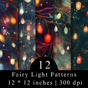 Puede incluir: Una colección digital de 12 patrones de luces de hadas con bombillas brillantes en tonos rojos, naranjas, amarillos y azules suspendidas de ramas oscuras. El texto dice 12 Fairy Light Patterns 12 * 12 inches | 300 dpi sobre fondo negro.